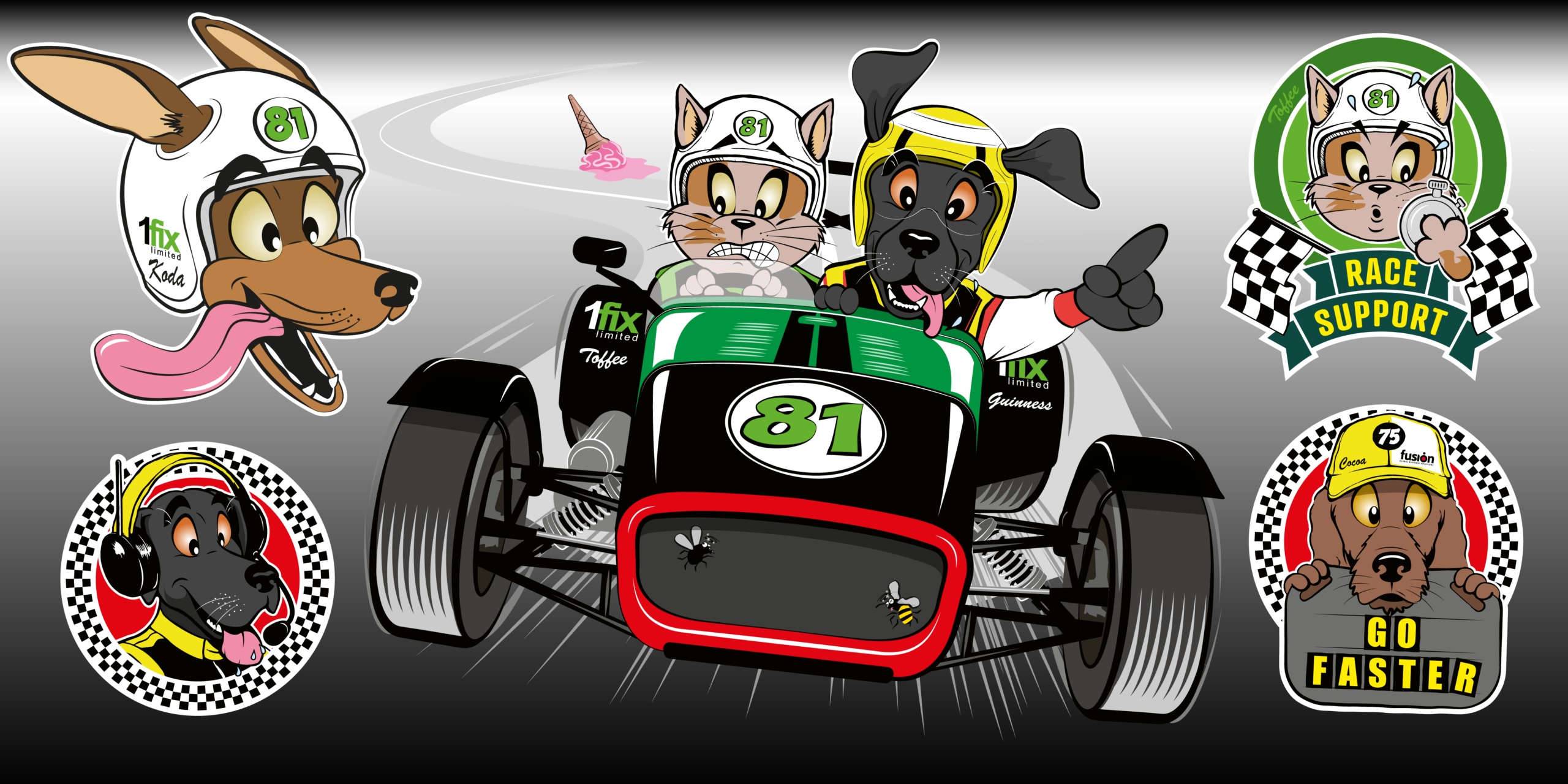 Cartoon illustrations of pets motor in racing