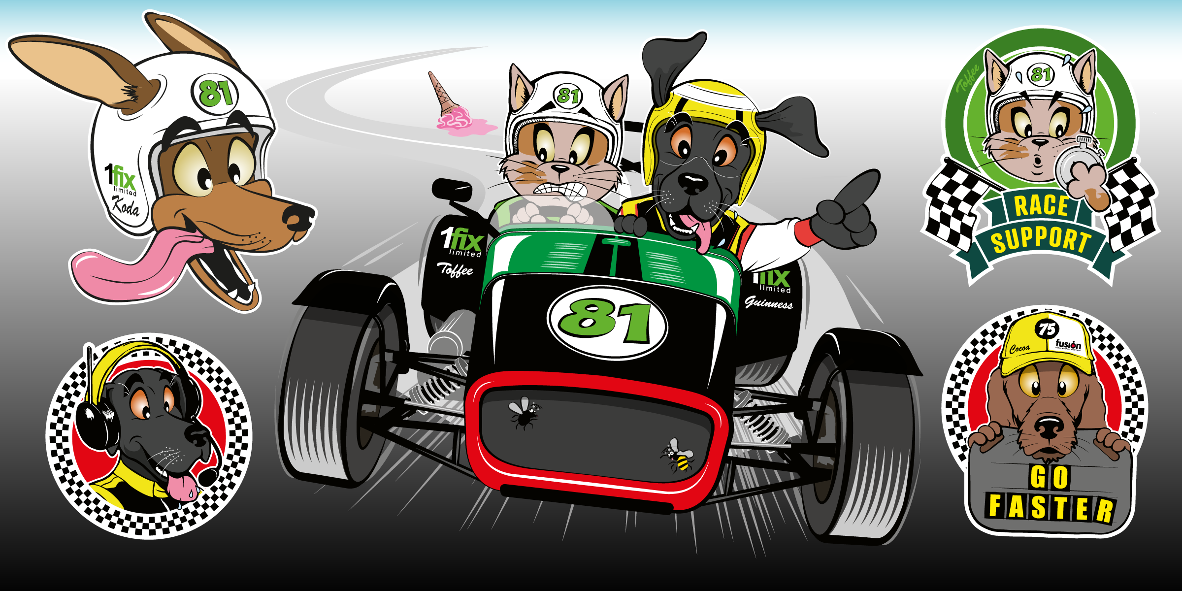 cartoon-pets-illustrations1 Cartoon illustrations of pets motor in racing